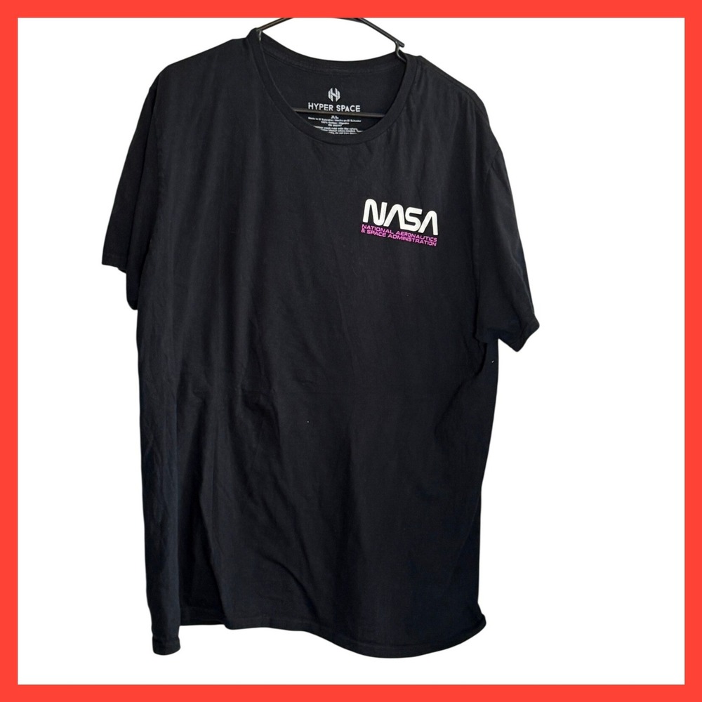 Hyper Space NASA Graphic T-Shirt Mens XL Black Neon Astronaut Back Print Cotton
